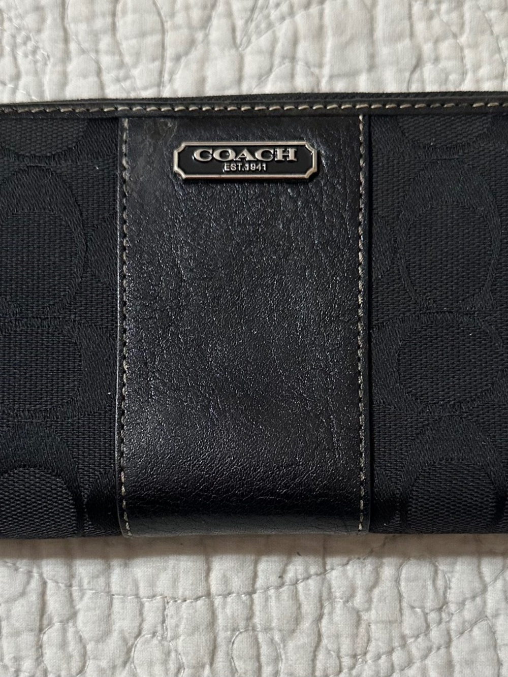 Coach Zip Closure Black Signature Leather & Canvas Wallet